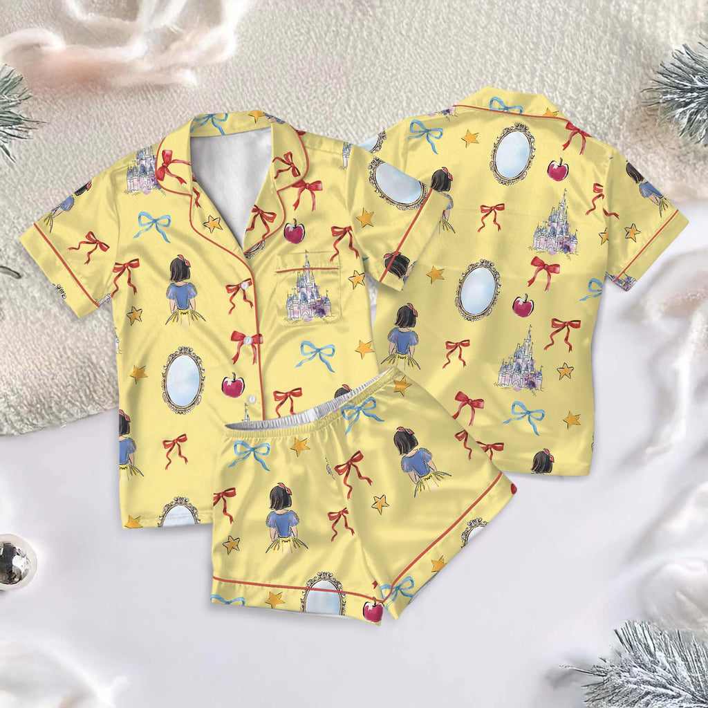 Coquette Bow Snow White Princess Satin Pajamas Short Set, Disney Snow White Pjs, Princess Short Sleeve Pajamas, Cozy Matching Short Pajamas