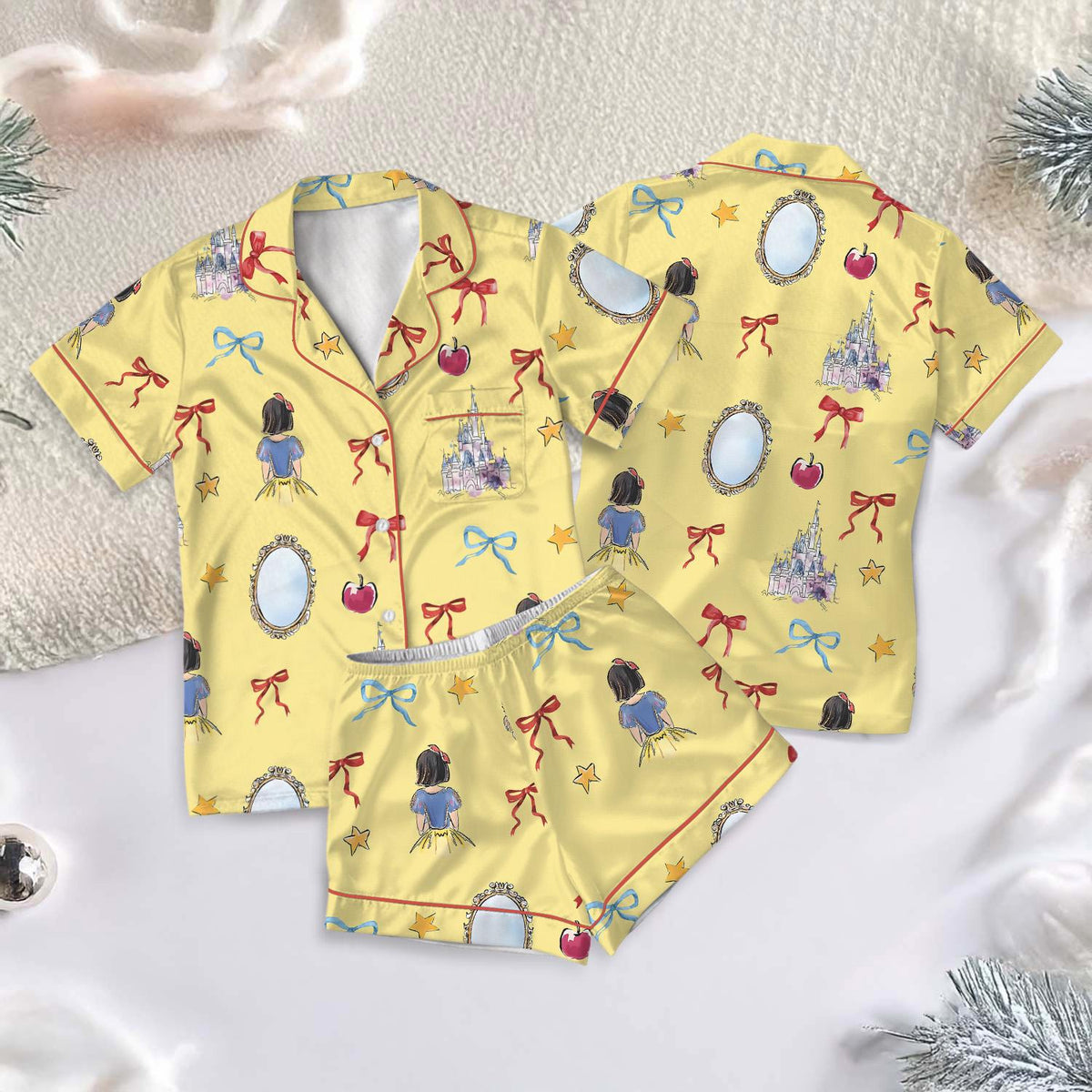 Coquette Bow Snow White Princess Satin Pajamas Short Set, Disney Snow White Pjs, Princess Short Sleeve Pajamas, Cozy Matching Short Pajamas