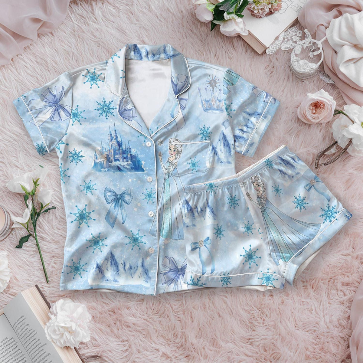 Princess Elsa Bow Pajamas Short Set, Elsa Coquette Bow Sleepwear, Disney Frozen Elsa Short Sleeve Pjs, Disney Castle Holiday Pajamas