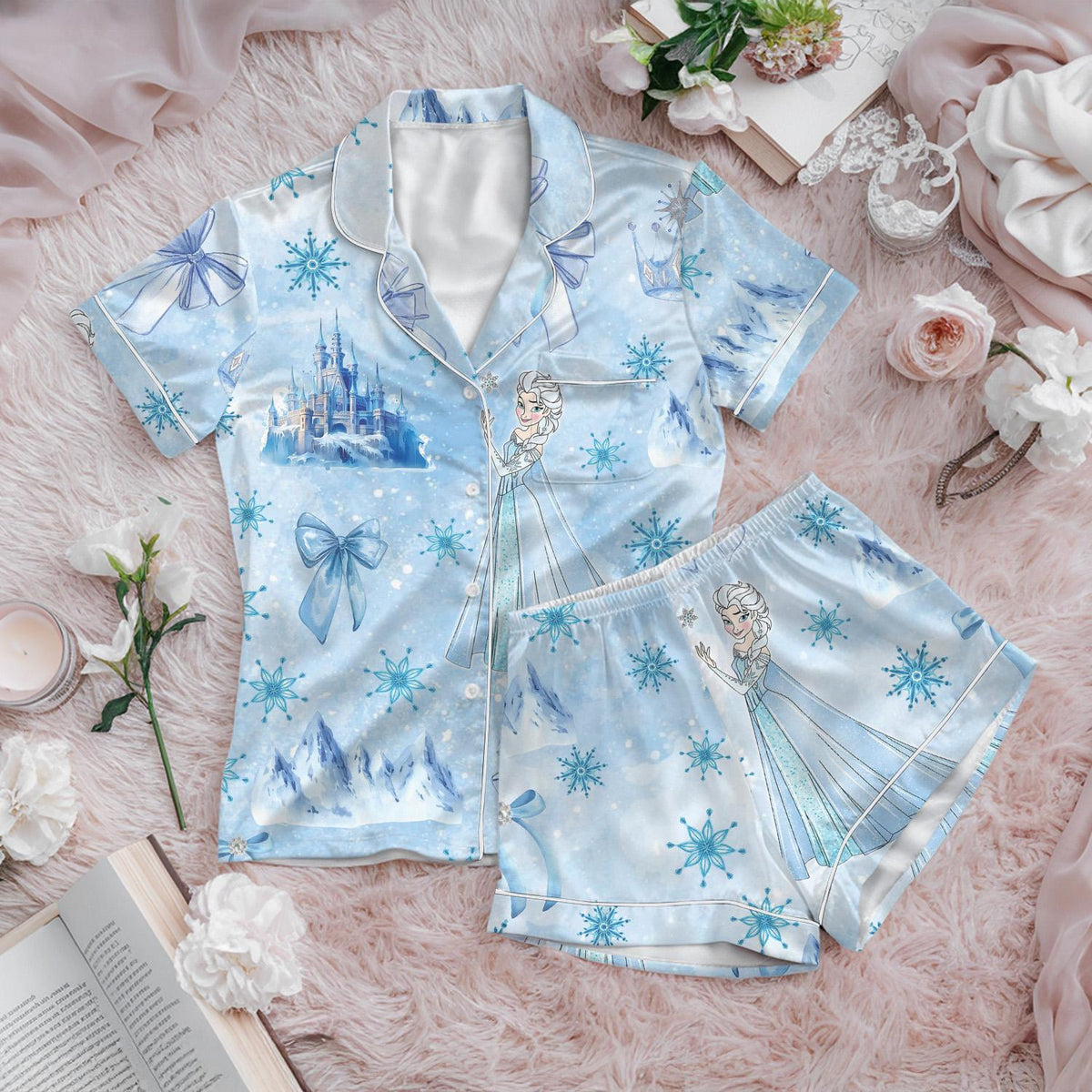 Princess Elsa Bow Pajamas Short Set, Elsa Coquette Bow Sleepwear, Disney Frozen Elsa Short Sleeve Pjs, Disney Castle Holiday Pajamas
