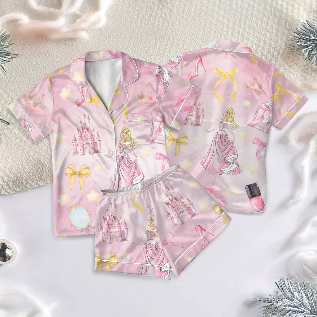 Sleeping Beauty Coquette Pajamas Short Set, Disney Aurora Princess Bow Pajamas, Disney Princess Short Sleeve Pjs, Magic Kingdom Outfit
