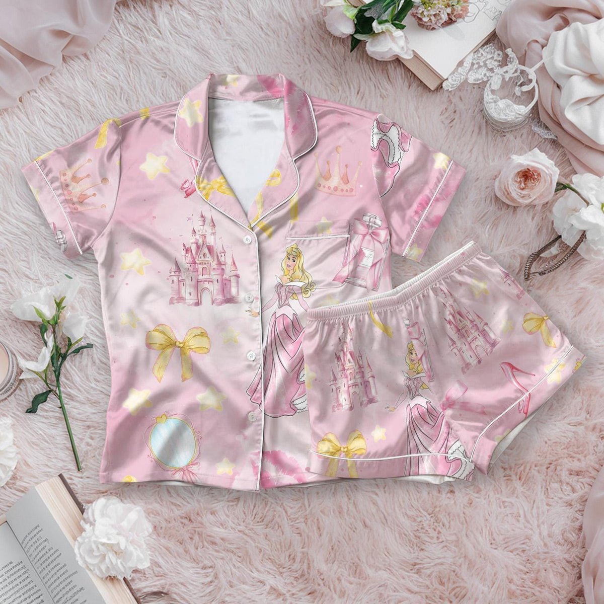 Sleeping Beauty Coquette Pajamas Short Set, Disney Aurora Princess Bow Pajamas, Disney Princess Short Sleeve Pjs, Magic Kingdom Outfit