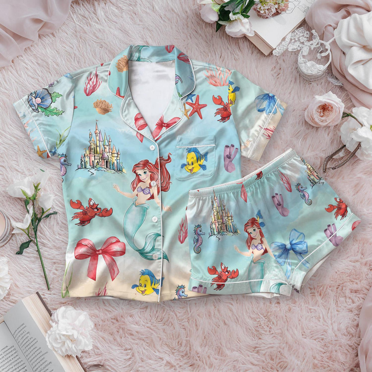 Ariel Mermaid Short Satin Pajama Set, Disney Princess Silk Pajamas, Little Mermaid Sleepwear for Girls, Coquette Bow Pajamas