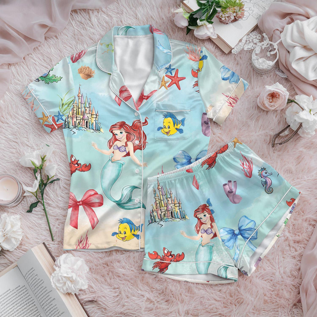 Ariel Mermaid Short Satin Pajama Set, Disney Princess Silk Pajamas, Little Mermaid Sleepwear for Girls, Coquette Bow Pajamas