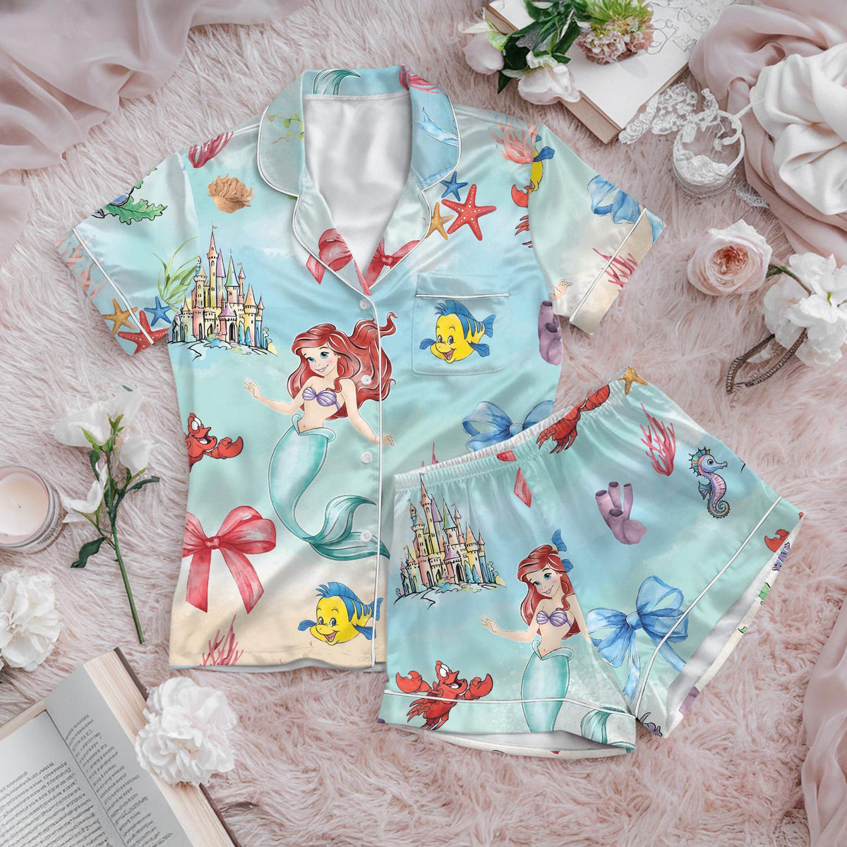 Ariel Mermaid Short Satin Pajama Set, Disney Princess Silk Pajamas, Little Mermaid Sleepwear for Girls, Coquette Bow Pajamas