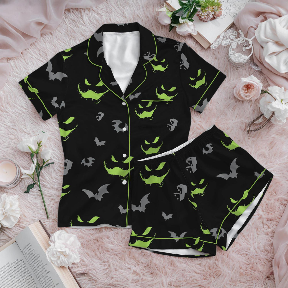 Oogie Boogie Halloween Satin Pajamas Shorts Set, Disney Halloween Short Sleeve Pjs, Spooky Disney Sleepwear, Disney Villain Pjs Set