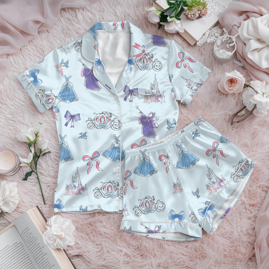 Disney Cinderella Satin Pajamas Short set, Disney Princess Short Sleeve Pjs, Fairytale Pjs Shorts, Coquette Bow Princess Pajamas