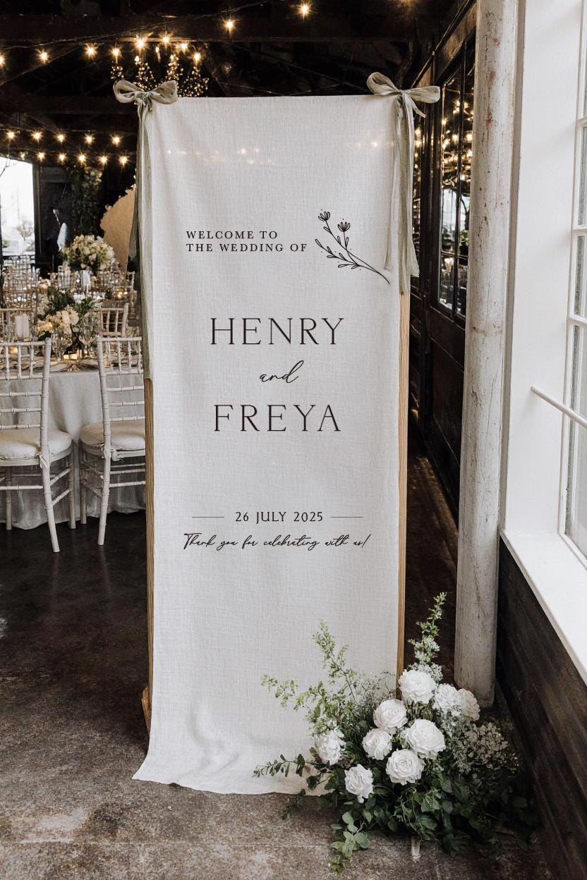 Custom Fabric Wedding Welcome Sign • Modern Linen Wedding Sign • Wedding Banner • Personalised Wedding Decor • Engagement Party Sign