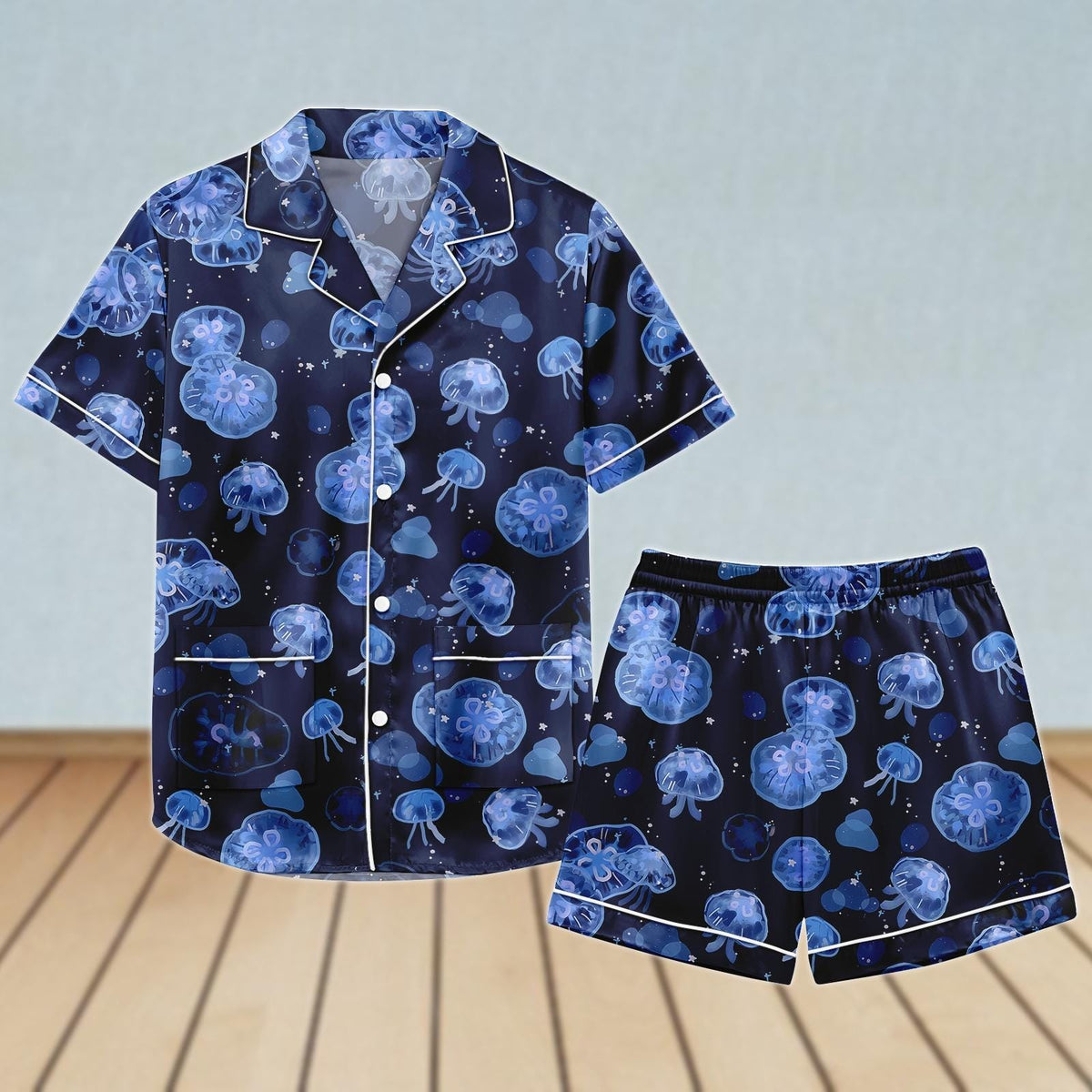 Jellyfish Satin Pajamas Set, Ocean Women Sleepwear, Cute Sea Creature Short Pajamas, Summer Nightwear, Funny Holiday Pjs, Gift For Her