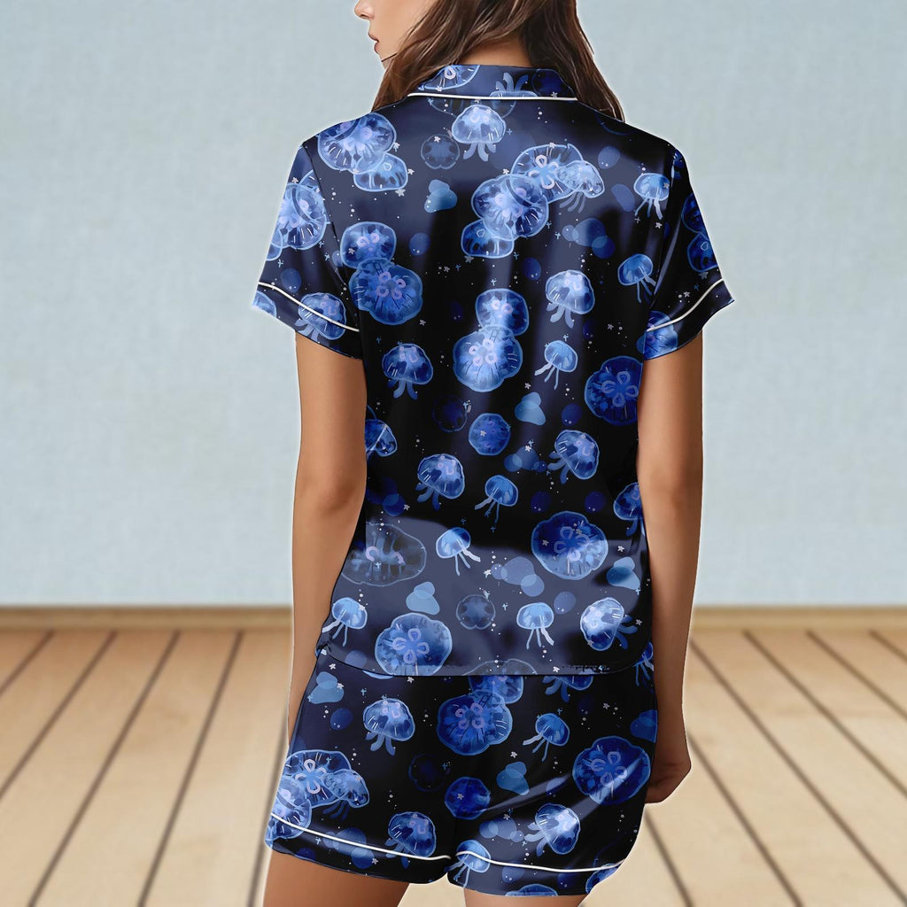Jellyfish Satin Pajamas Set, Ocean Women Sleepwear, Cute Sea Creature Short Pajamas, Summer Nightwear, Funny Holiday Pjs, Gift For Her