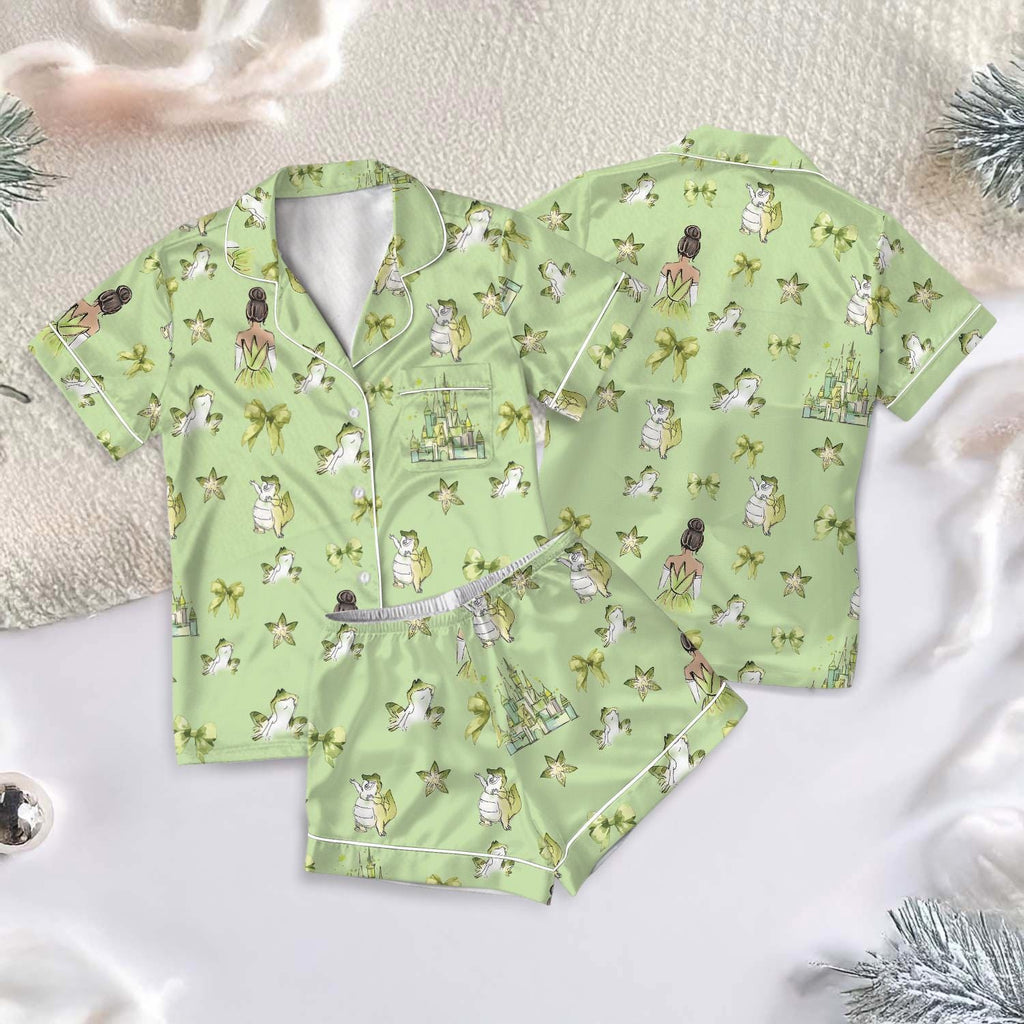 Coquette Bow Tiana Princess Satin Pajamas Short Set, Disney Princess Short Sleeve Pjs, Tiana Princess and the Frog Pajamas