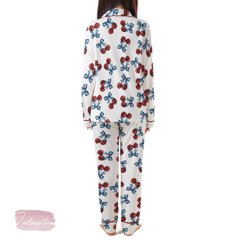 American Flag Cherry Bow Pajama Set – Patriotic Short Sleeve Sleepwear, Cute 4th of July Loungewear Gift for Her
