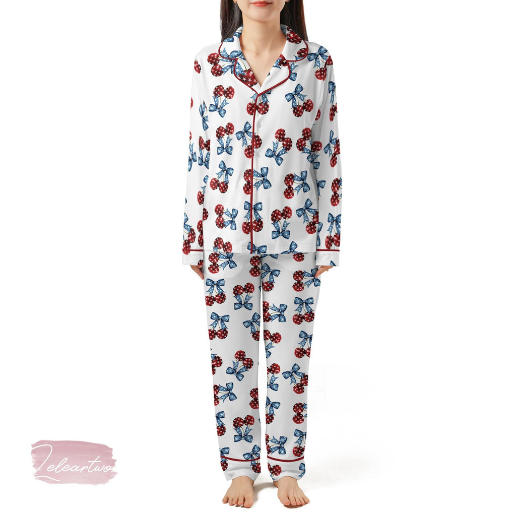 American Flag Cherry Bow Pajama Set – Patriotic Short Sleeve Sleepwear, Cute 4th of July Loungewear Gift for Her