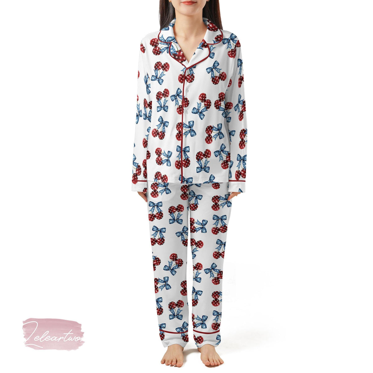 American Flag Cherry Bow Pajama Set – Patriotic Short Sleeve Sleepwear, Cute 4th of July Loungewear Gift for Her