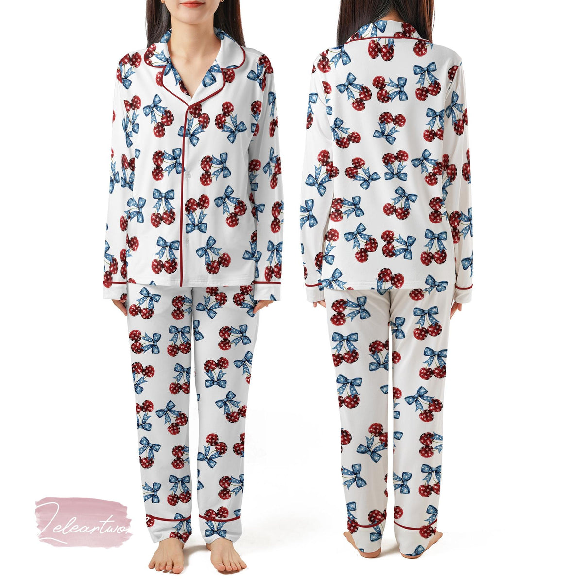 American Flag Cherry Bow Pajama Set – Patriotic Short Sleeve Sleepwear, Cute 4th of July Loungewear Gift for Her