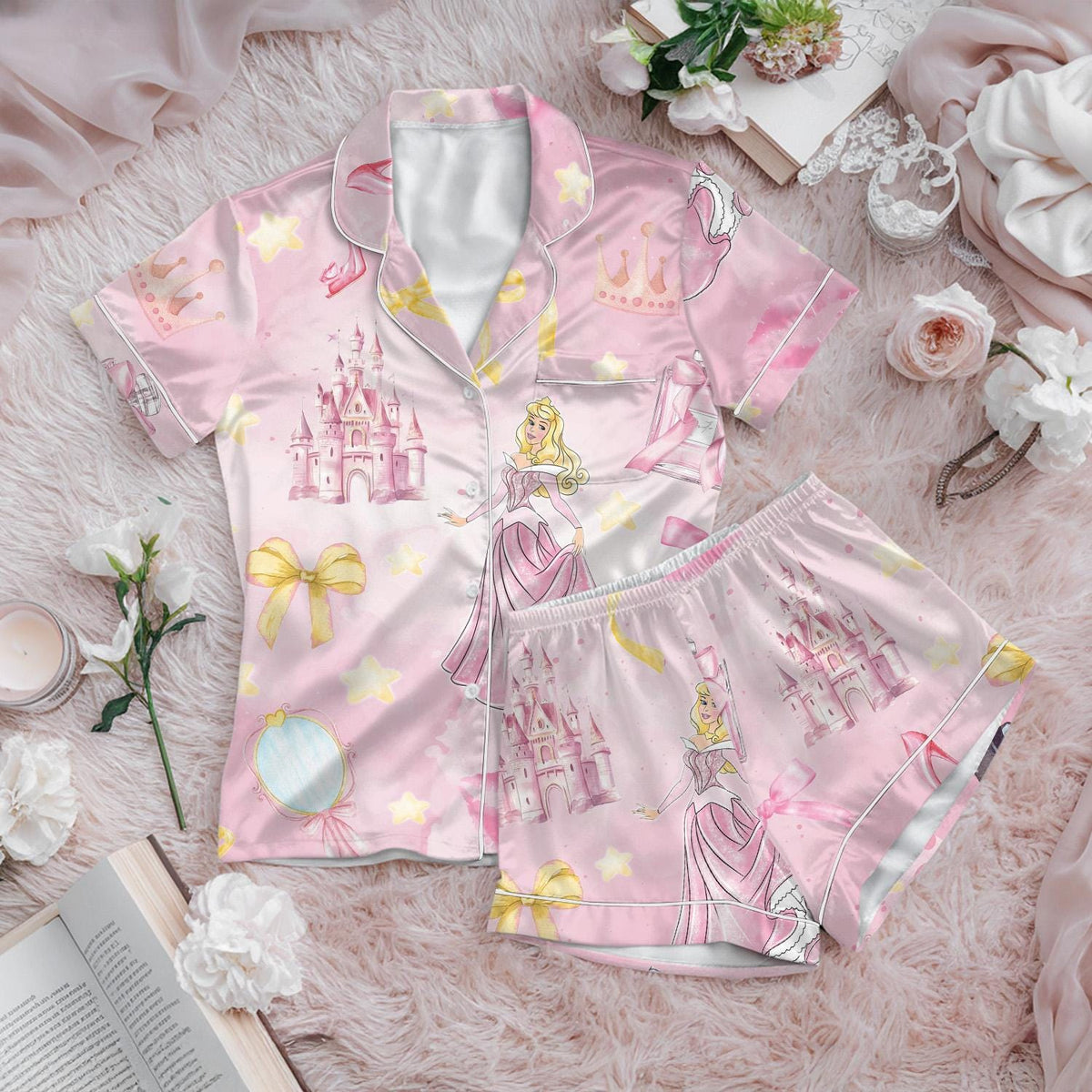 Sleeping Beauty Coquette Pajamas Short Set, Disney Aurora Princess Bow Pajamas, Disney Princess Short Sleeve Pjs, Magic Kingdom Outfit