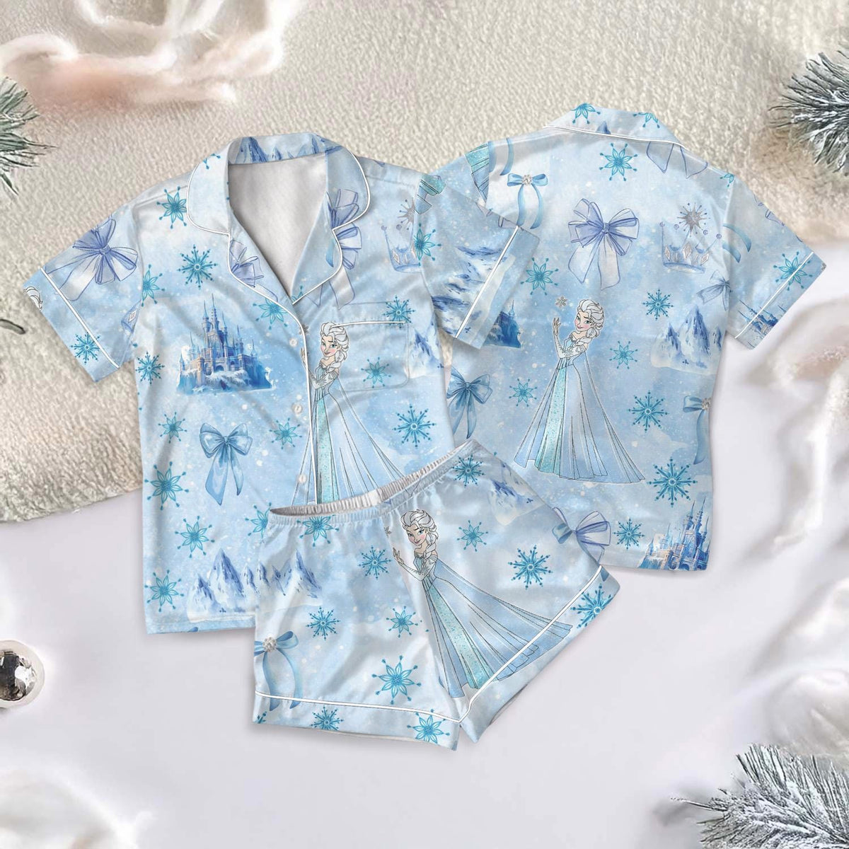 Princess Elsa Bow Pajamas Short Set, Elsa Coquette Bow Sleepwear, Disney Frozen Elsa Short Sleeve Pjs, Disney Castle Holiday Pajamas
