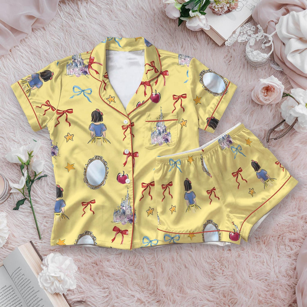 Coquette Bow Snow White Princess Satin Pajamas Short Set, Disney Snow White Pjs, Princess Short Sleeve Pajamas, Cozy Matching Short Pajamas