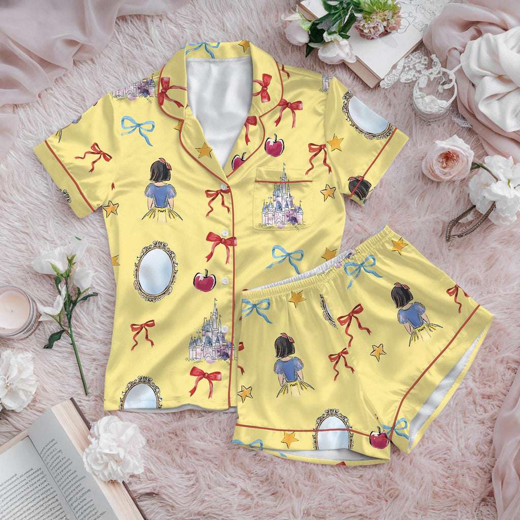 Coquette Bow Snow White Princess Satin Pajamas Short Set, Disney Snow White Pjs, Princess Short Sleeve Pajamas, Cozy Matching Short Pajamas