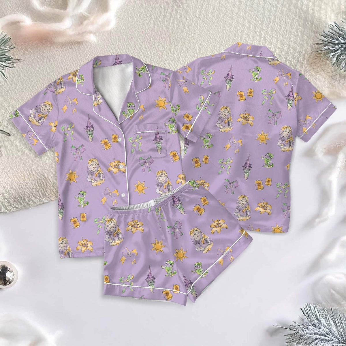 Coquette Bow Rapunzel Satin Pajamas Short Set, Disney Tangled Short Sleeve Pjs, Tangled Coquette Bow Pajamas, Bridesmaid Matching Sleepwear