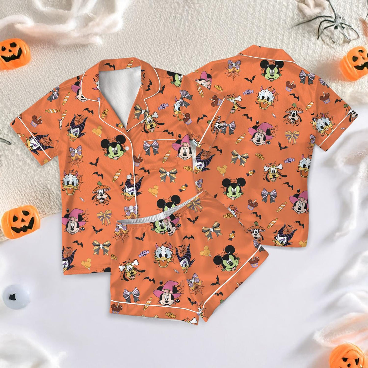 Disney Halloween Satin Pajamas Short Set, Mickey & friends halloween Short Sleeve Pajamas, Disney Pumpkin Silk Pajamas