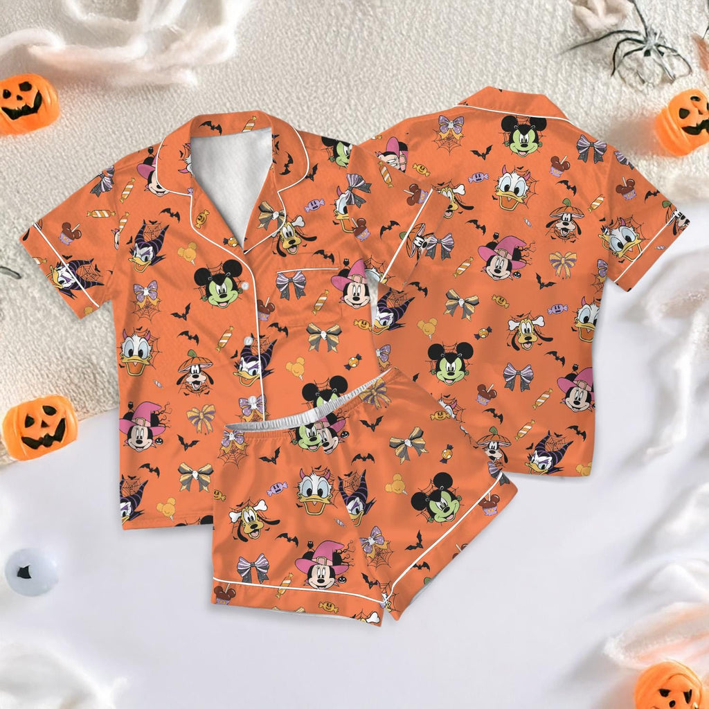Disney Halloween Satin Pajamas Short Set, Mickey & friends halloween Short Sleeve Pajamas, Disney Pumpkin Silk Pajamas
