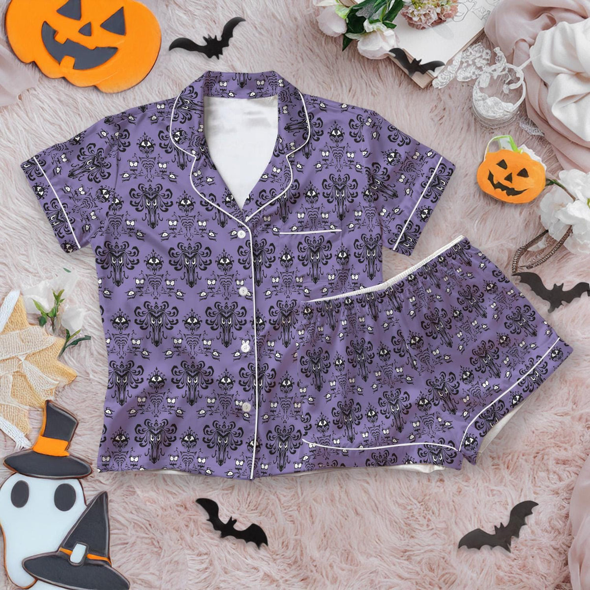 Disney Haunted Mansion Satin Short Pajamas set, Hitchhiking Ghosts Women Pajamas, Horror Movie Shorts Pajamas, Bridesmaid Pajamas