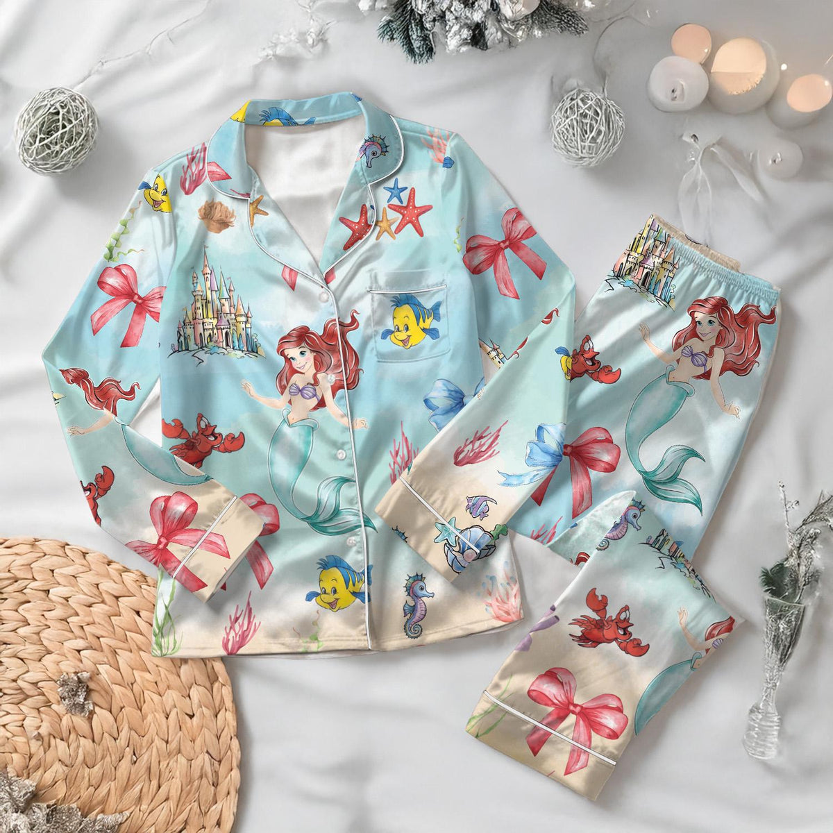 Disney Ariel Pajamas Set, The Little Mermaid Pajamas, Magic Kingdom, Disneyland Girls Trip, Coquette Bow Ariel Princess Pajamas