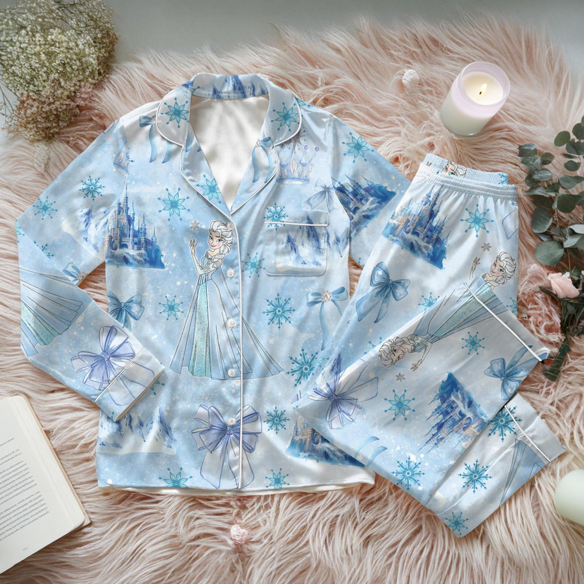 Coquette Bow Elsa Princess Satin Pajamas Set, Disney Frozen Pjs, Princes Elsa Pajamas, Bridesmaid Matching Sleepwear