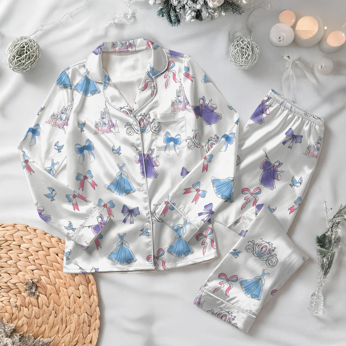 Disney Cinderella Satin Pajamas Set, Disneyland Satin Sleepwear, Princess Sleepwear For Women, Fairytale Pjs Long, Cinderella Pajamas