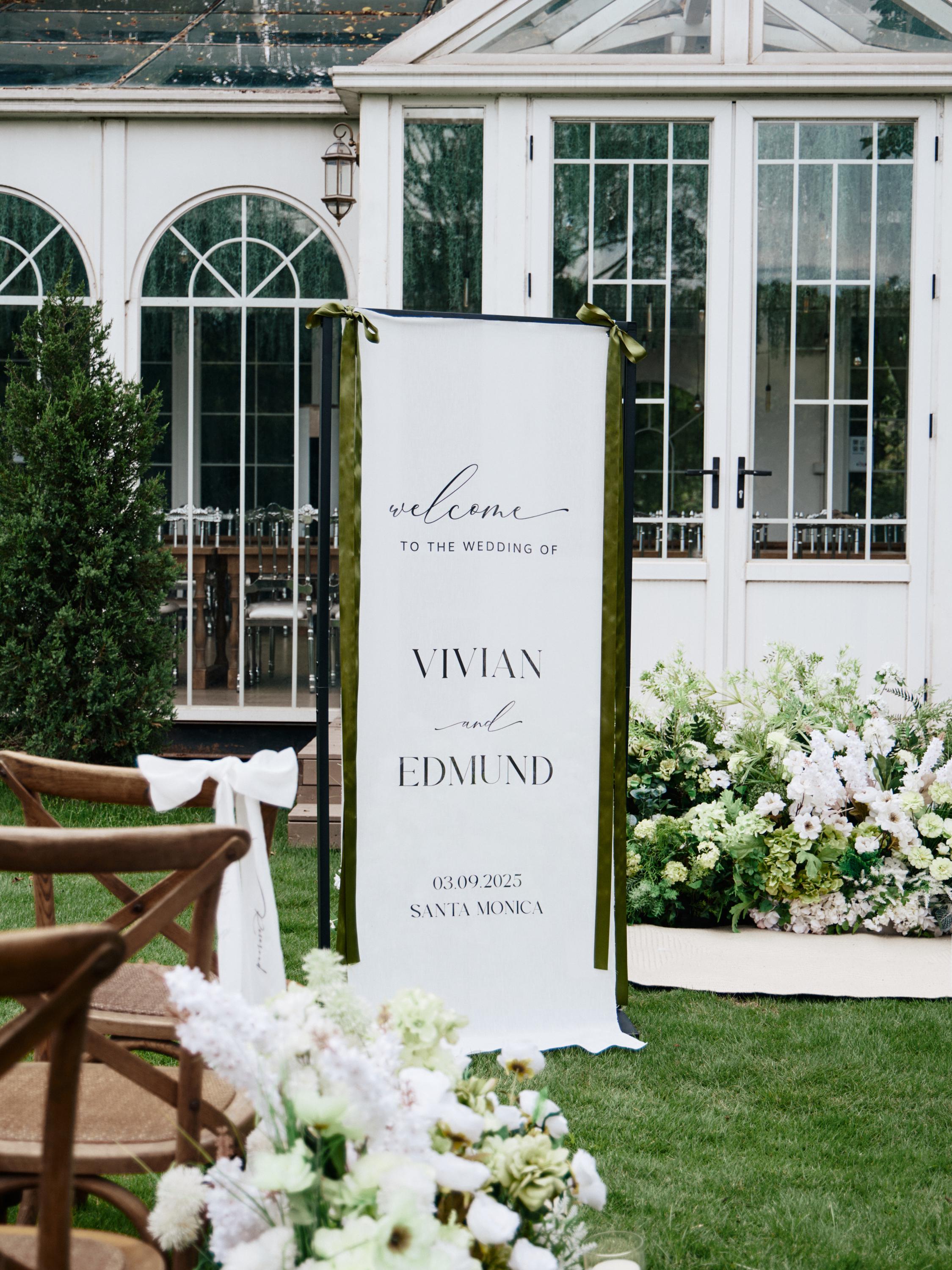 Custom Linen Wedding Welcome Sign, Name Fabric Outdoor Garden Backdrop, Ceremony Elegant Ceremony Decor
