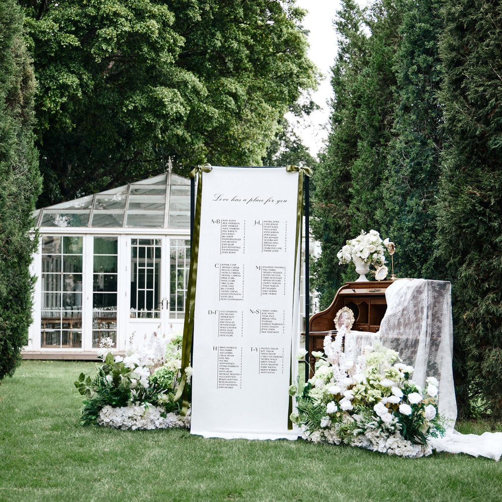 Custom Linen Wedding Welcome Sign, Name Fabric Outdoor Garden Backdrop, Ceremony Elegant Ceremony Decor