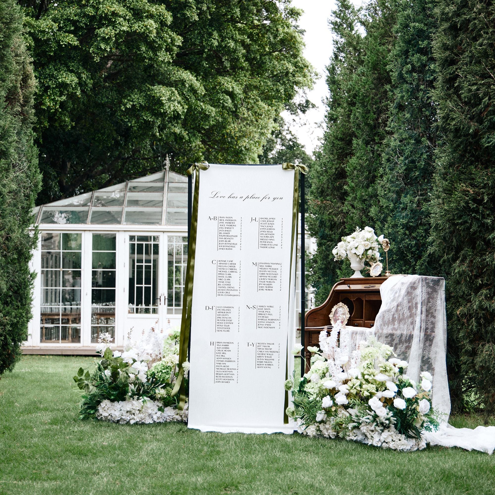 Custom Linen Wedding Welcome Sign, Name Fabric Outdoor Garden Backdrop, Ceremony Elegant Ceremony Decor