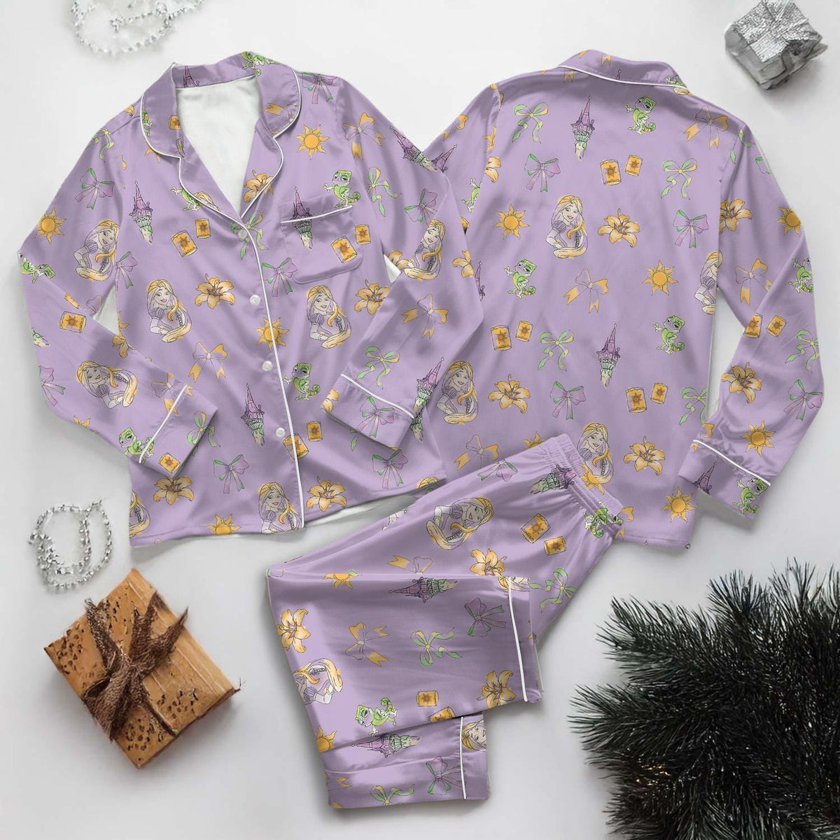 Coquette Bow Rapunzel Satin Pajamas Set, Disney Princess Pajamas, Tangled Coquette Bow Pajamas