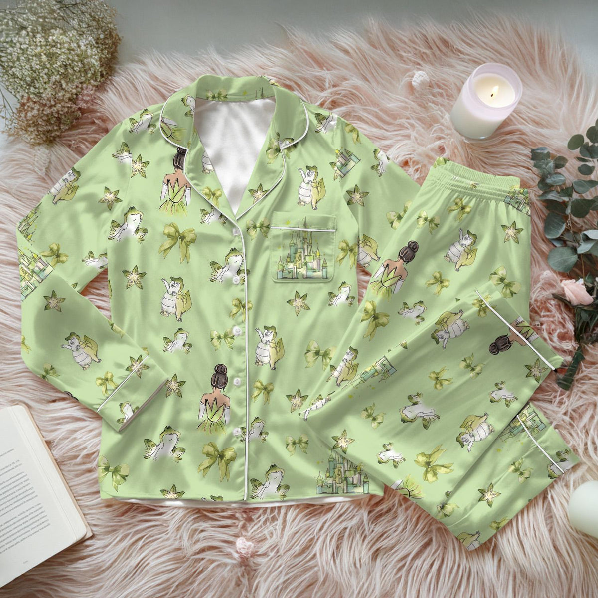 Tiana Princess And The Frog Pajamas Set, Coquette Bows Disney Women Pajamas, Princess Tiana Holiday Pajamas, Disney Cartoon Pjs