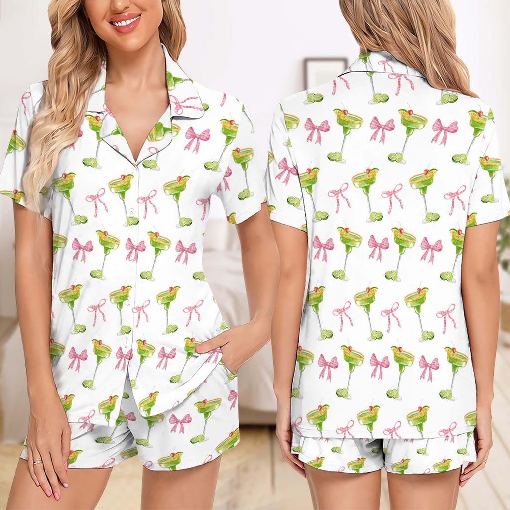 Margarita Short Pajamas, Cocktail Short Pajamas Set, Bridesmaid Pajamas, Pink Bow Pajamas, Coquette Pjs, Pajamas Girl Gift, Tequila Pajamas