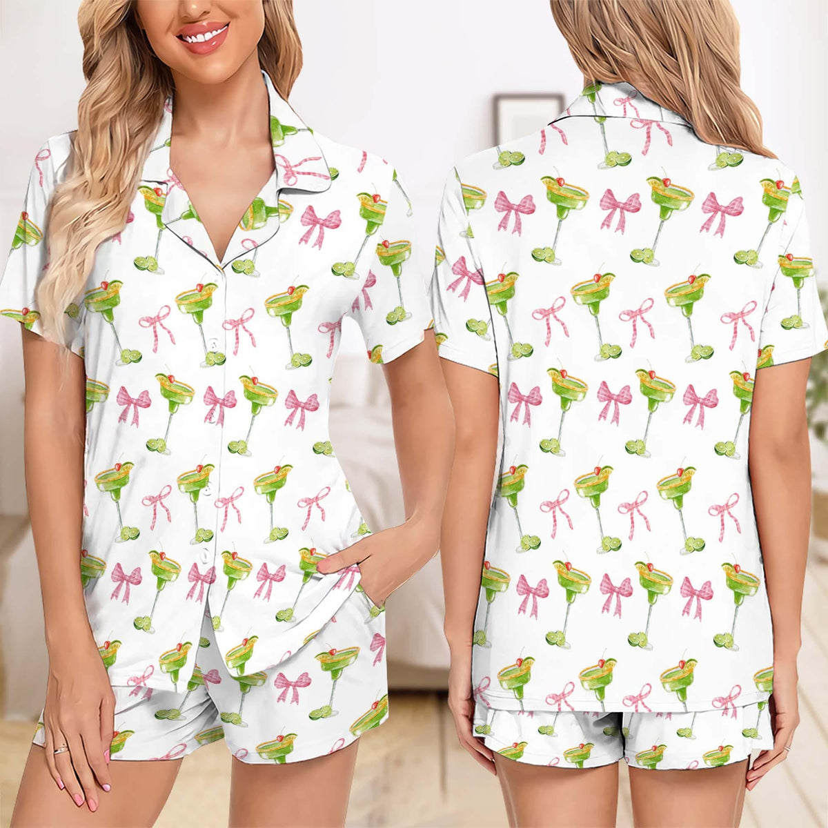 Margarita Short Pajamas, Cocktail Short Pajamas Set, Bridesmaid Pajamas, Pink Bow Pajamas, Coquette Pjs, Pajamas Girl Gift, Tequila Pajamas