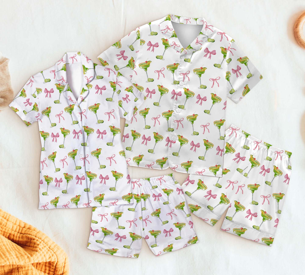 Margarita Short Pajamas, Cocktail Short Pajamas Set, Bridesmaid Pajamas, Pink Bow Pajamas, Coquette Pjs, Pajamas Girl Gift, Tequila Pajamas