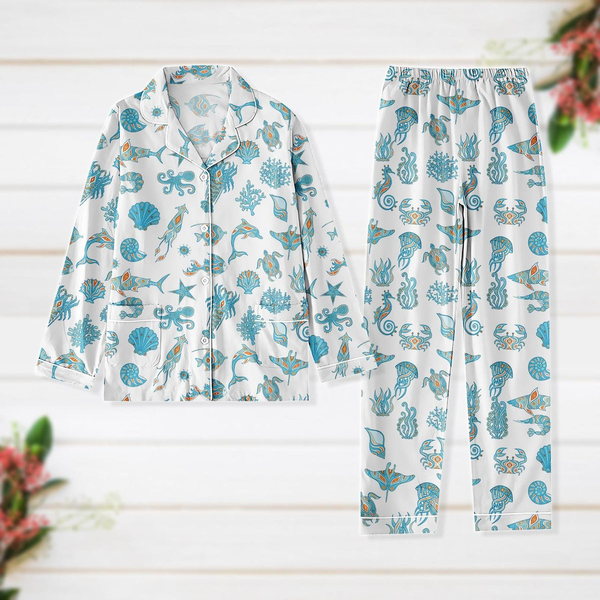 Sea Animal Women Pajamas, Ocean Animal Thick Pajamas, Whale, Orca, Turtle, Dolphin Pajamas Set, Ocean Life Gift