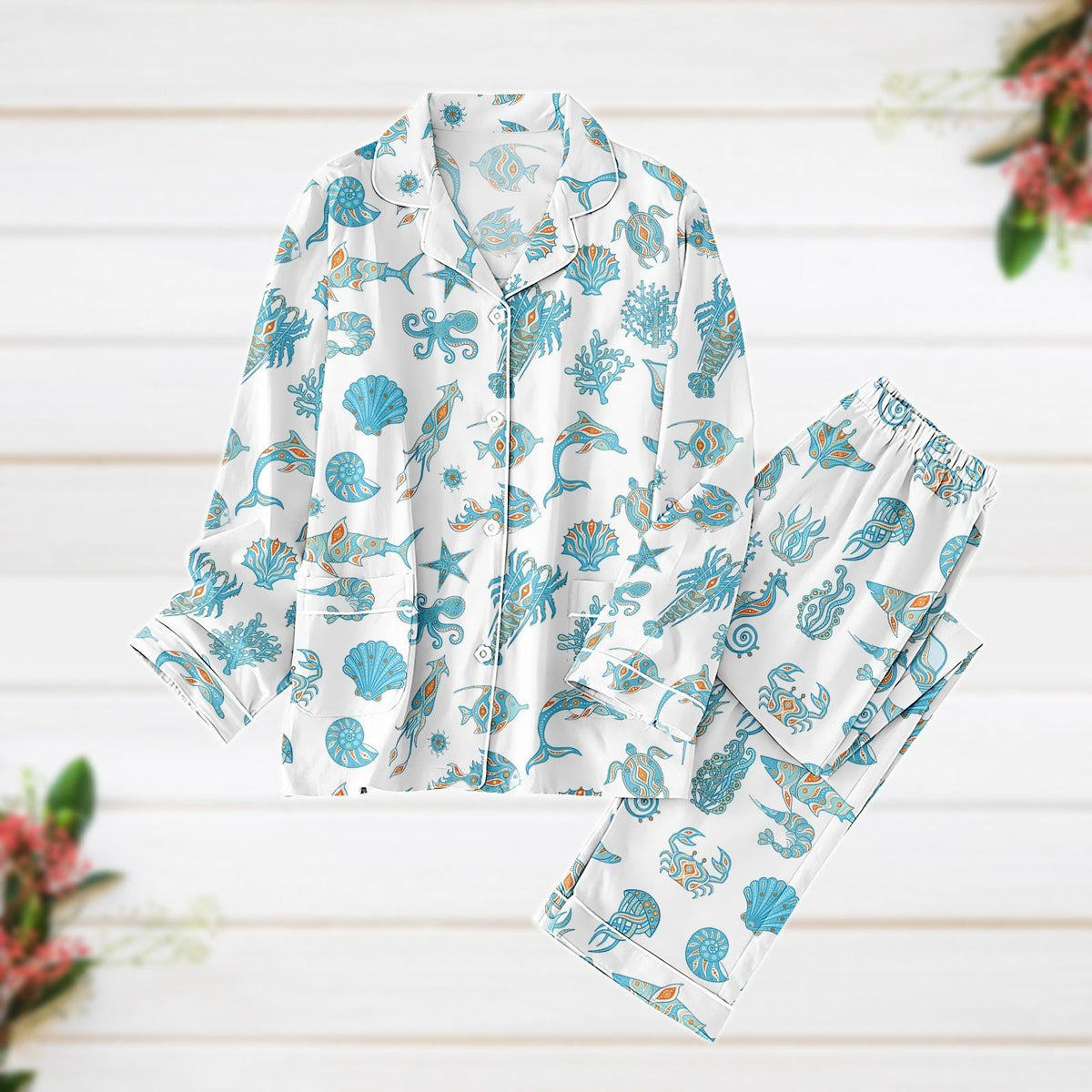 Sea Animal Women Pajamas, Ocean Animal Thick Pajamas, Whale, Orca, Turtle, Dolphin Pajamas Set, Ocean Life Gift