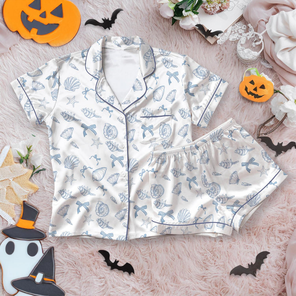 Ocean Life Satin Pajamas Set, Sea Shells and Ocean Satin Pajamas, Nautical Sleepwear for Women, Blue Shell Print Matching pajamas Set