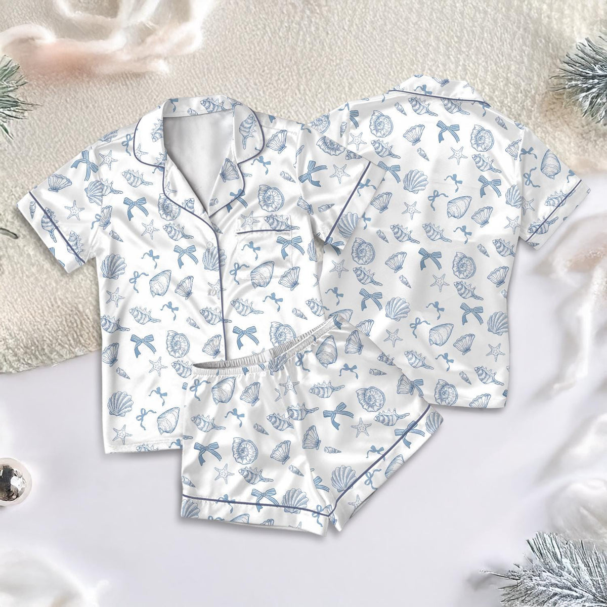 Ocean Life Satin Pajamas Set, Sea Shells and Ocean Satin Pajamas, Nautical Sleepwear for Women, Blue Shell Print Matching pajamas Set