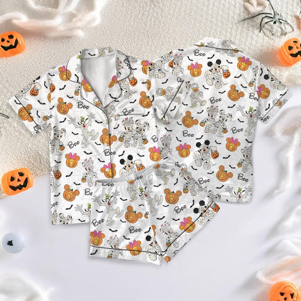 Halloween Mickey & Friends Satin Pajamas Short Set, Disney Satin Short Sleeve Halloween Pajamas, Mickey Pumpkin Trick or Treat Sleepwear