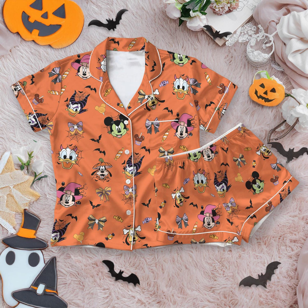 Disney Halloween Satin Pajamas Short Set, Mickey & friends halloween Short Sleeve Pajamas, Disney Pumpkin Silk Pajamas