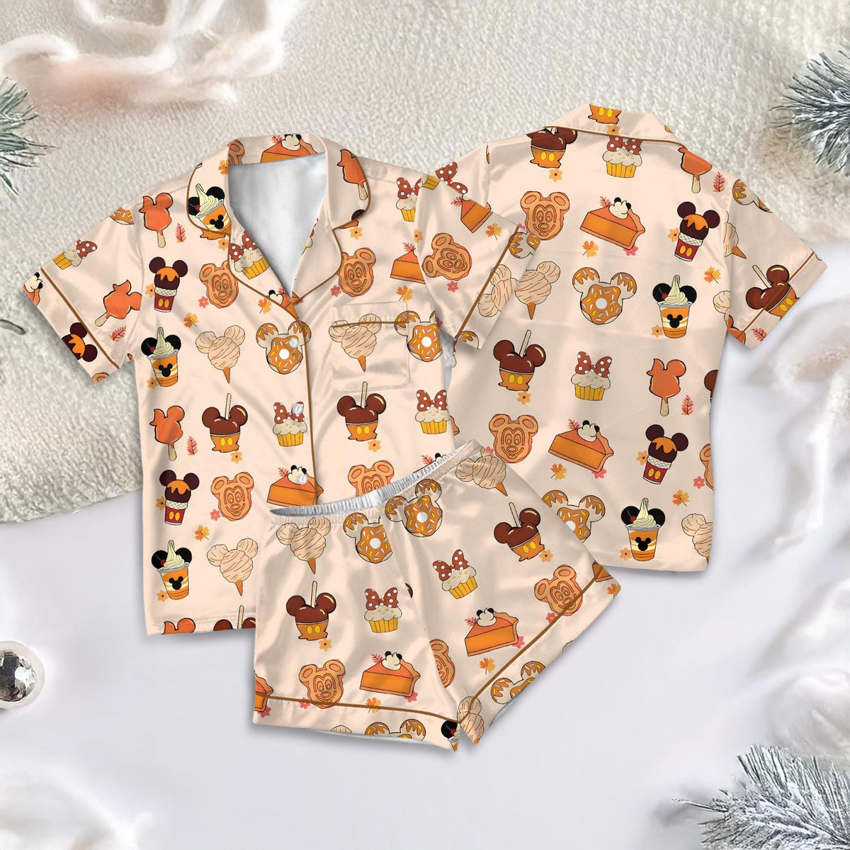 Disney Fall Mickey Mouse Snacks Satin Pajamas Set, Disney Cute Fall Sleepwear, WDW Family Matching Set, Disney Halloween Gift