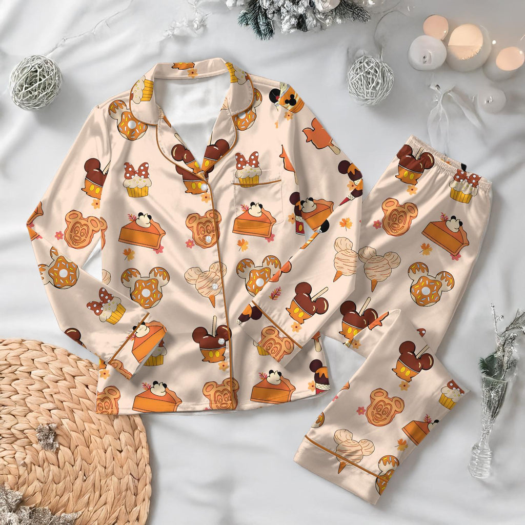Disney Fall Mickey Mouse Snacks Satin Pajamas Set, Disney Cute Fall Sleepwear, WDW Family Matching Set, Disney Halloween Gift