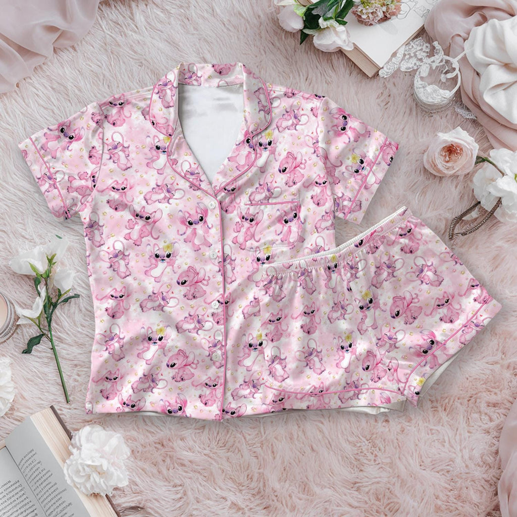 Disney Stitch Pajamas Set, Pink Angel Womens Pajamas, Stitch Angel Pajamas, Lilo and Stitch Pink Loungewear, Disney Honeymoon Gift
