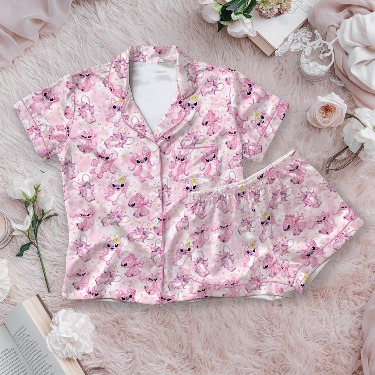 Disney Stitch Pajamas Set, Pink Angel Womens Pajamas, Stitch Angel Pajamas, Lilo and Stitch Pink Loungewear, Disney Honeymoon Gift