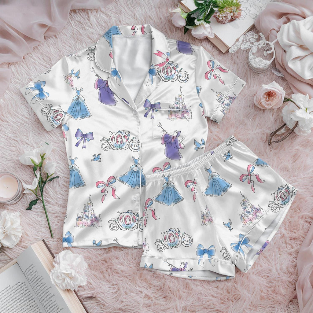 Meet Me At Midnight Cinderella Pajamas Short Set, Cinderella Short Sleeve Pjs, Disney Princess Pajamas, Cinderella Coquette Bow Pajamas