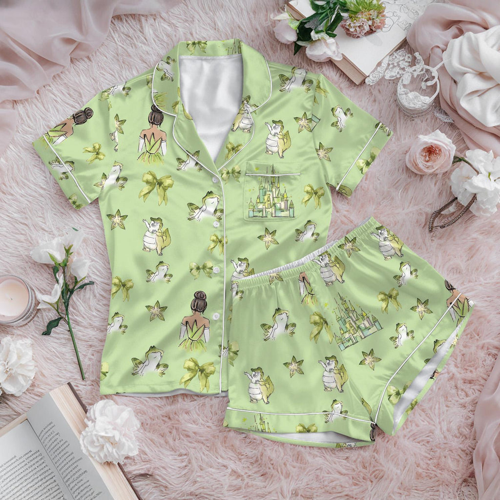 Coquette Bow Tiana Princess Satin Pajamas Short Set, Disney Princess Short Sleeve Pjs, Tiana Princess and the Frog Pajamas